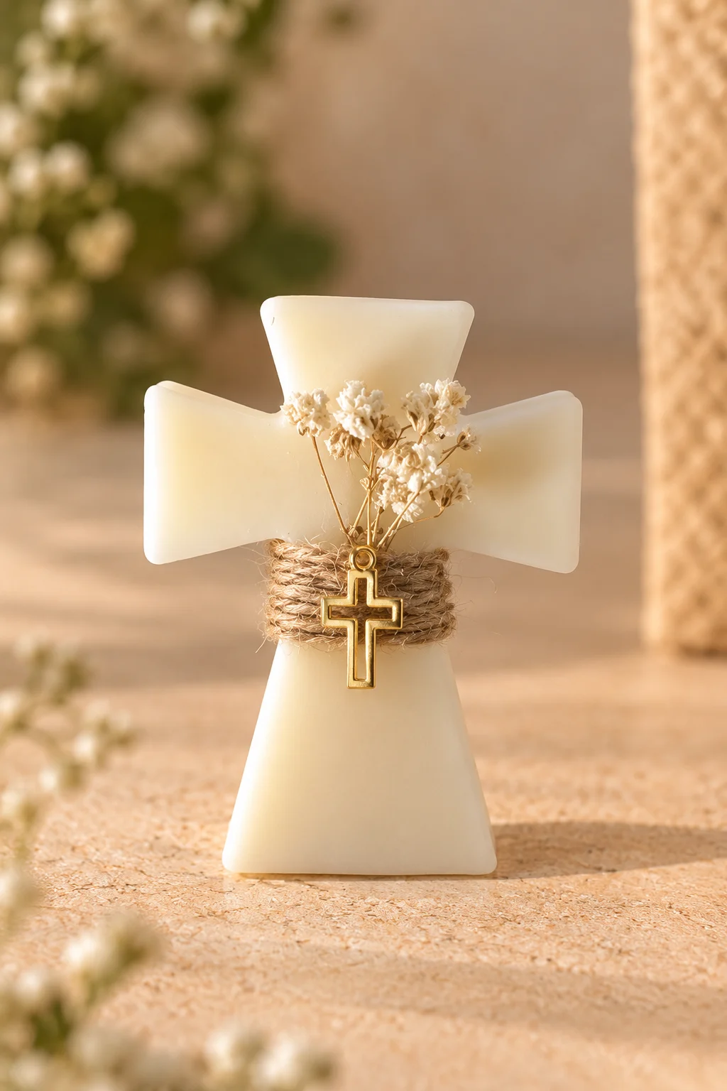 Cruz de cera artesanal con flores secas
