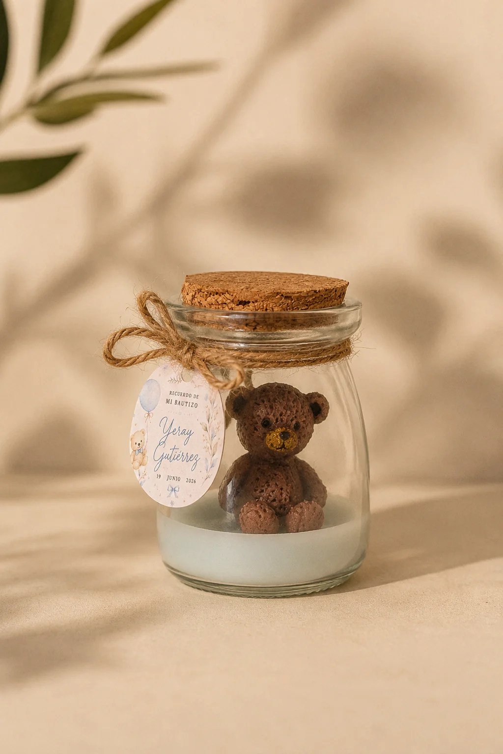 Vela Teddy personalizada para bautizo con osito