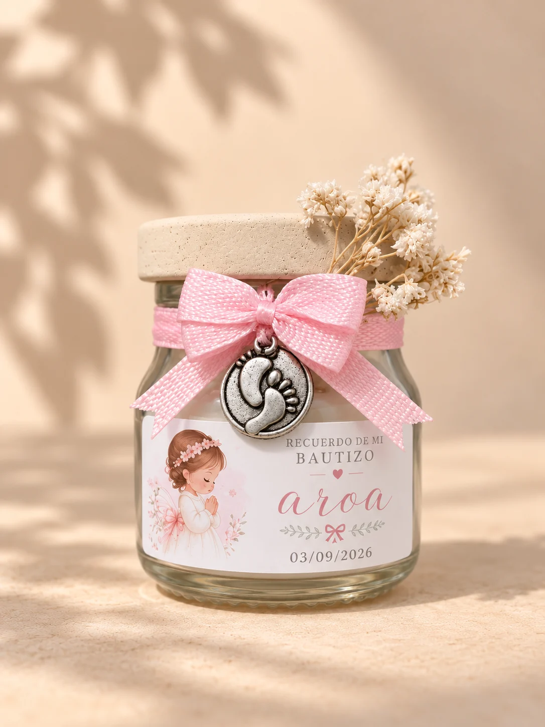 Vela personalizada para bautizo Alma con etiqueta y charm